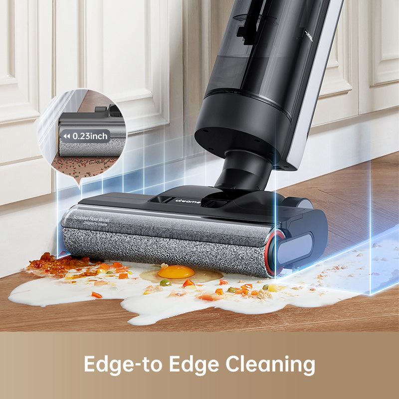 Dreame H12 vacuum showcasing edge-to-edge cleaning on spills and debris on hardwood.