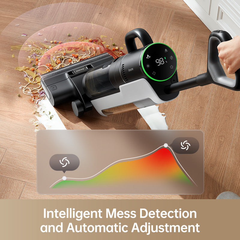 Dreame H12 vacuum with intelligent mess detection adjusting settings on hardwood floor.