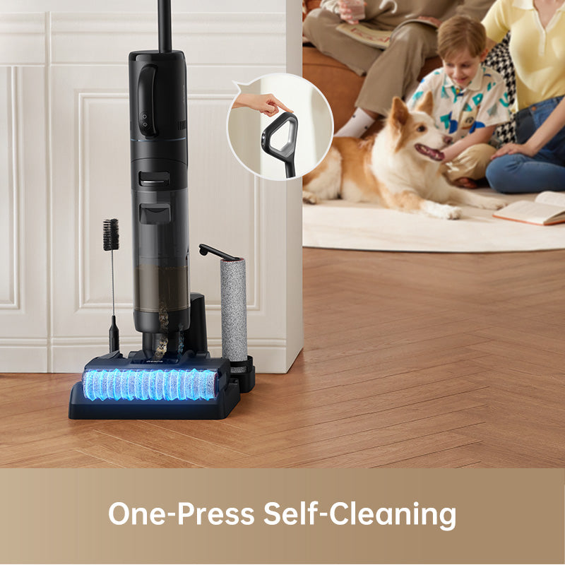 Dreame H12 vacuum with one-press self-cleaning feature next to a dog in a living room.
