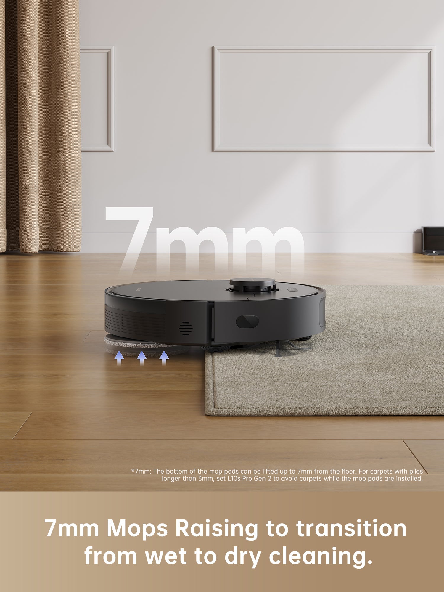 Dreame L10s Pro Gen 2 robot vacuum with 7mm mop lifting feature for cleaning.