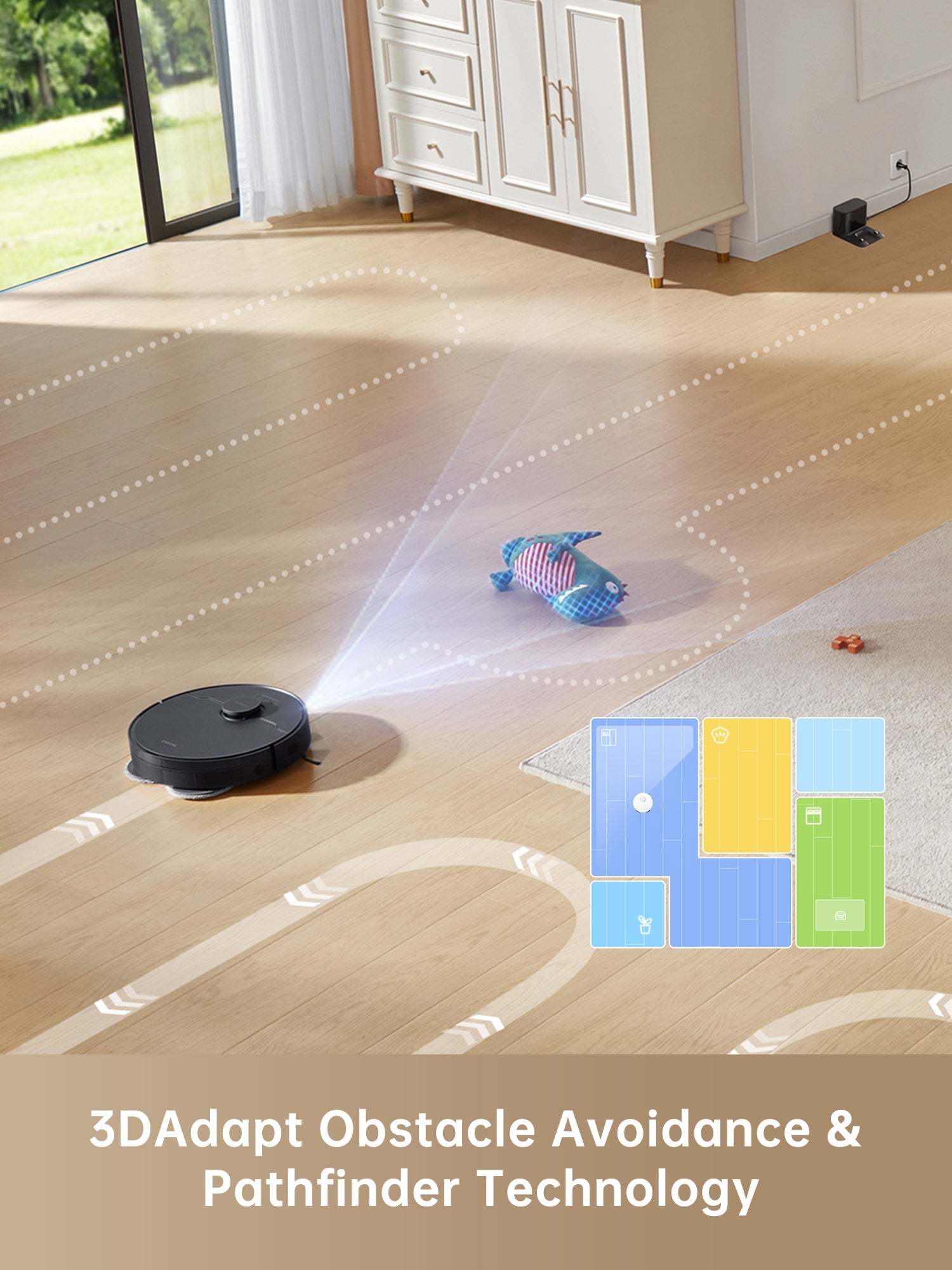 Dreame L10s Pro Gen 2 robot vacuum using 3DAdapt Obstacle Avoidance on wooden floor.