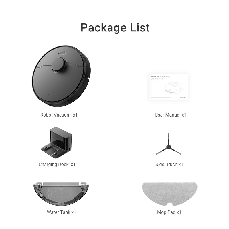 Dreame D9 Max Gen 2 Robot Vacuum package list including accessories.