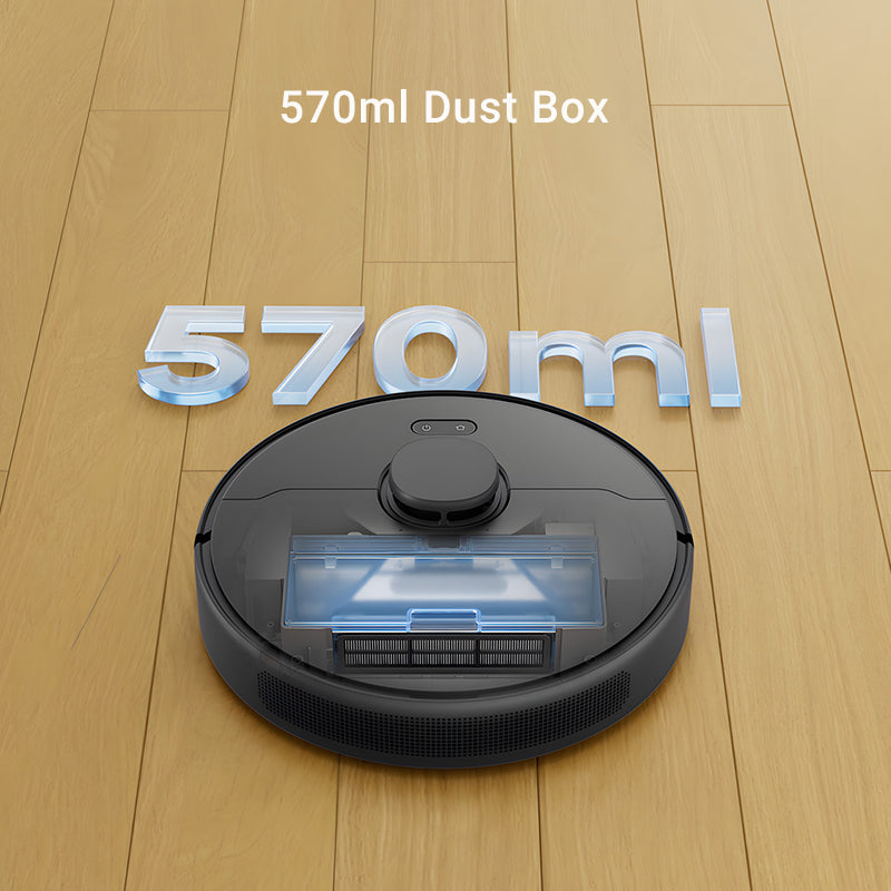 Dreame D9 Max Gen 2 Robot Vacuum with 570ml dust box capacity on hardwood floor.