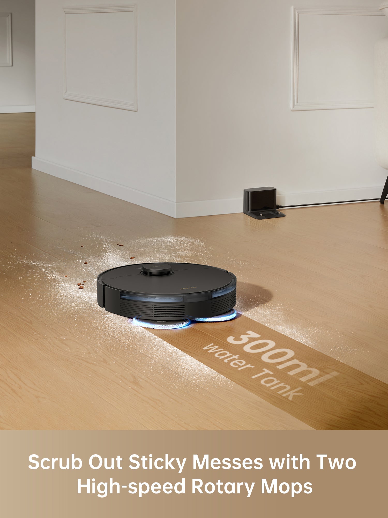 Dreame L10s Pro Gen 2 robot vacuum featuring dual mops and 300ml water tank for efficient cleaning.