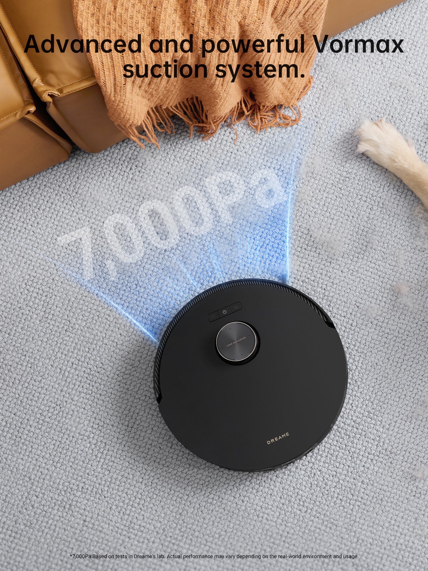 Dreame L20 Ultra Robot Vacuum showcasing 7000Pa suction power on carpet.