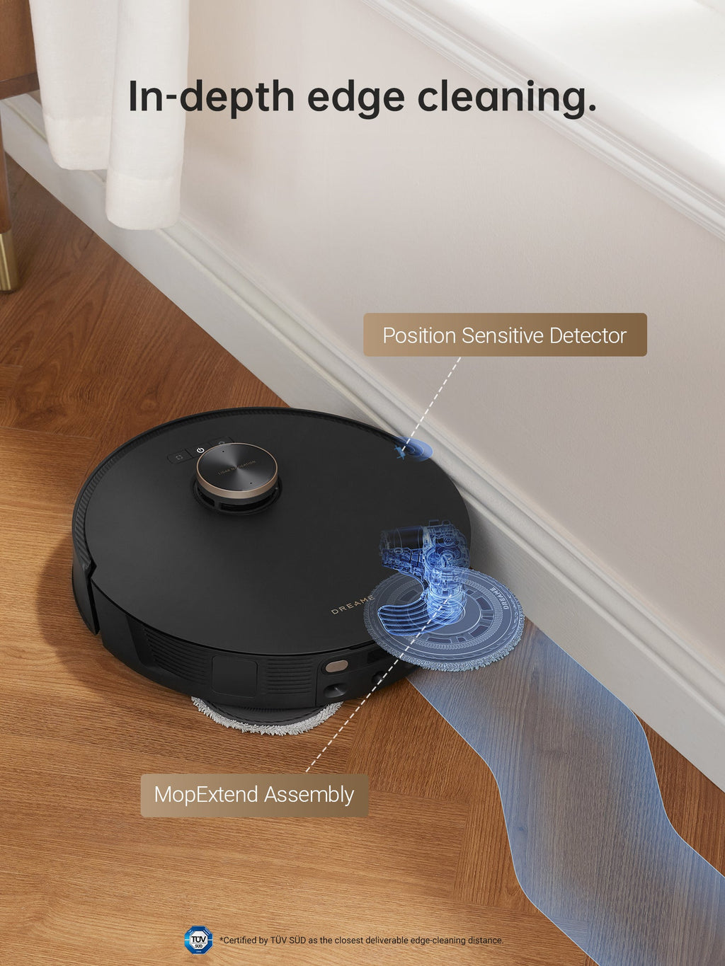 Dreame L20 Ultra Robot Vacuum demonstrating MopExtend™ edge cleaning feature.
