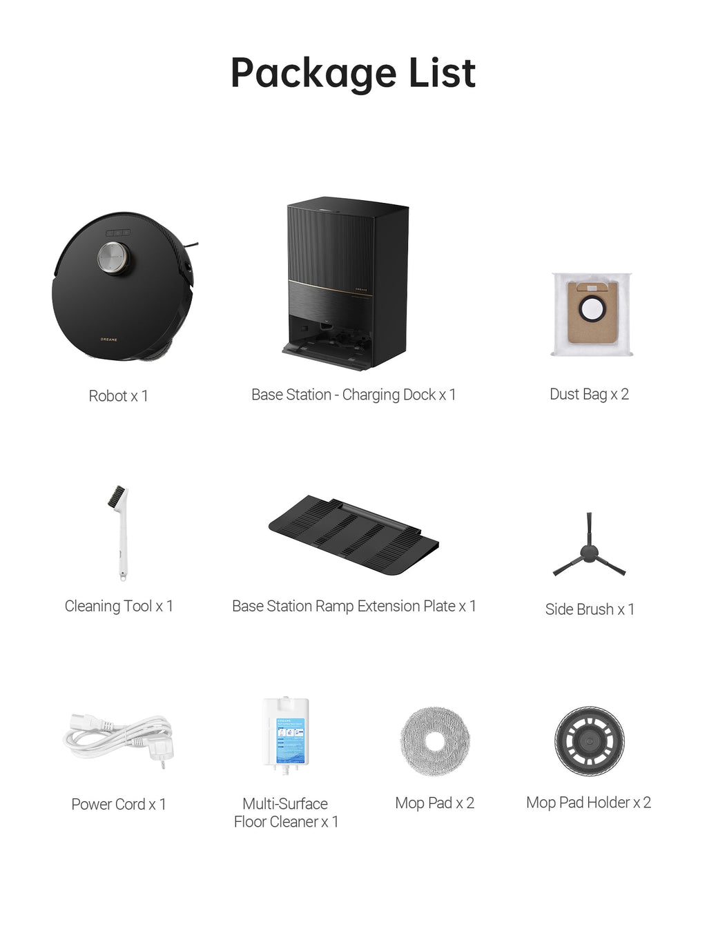 Dreame L20 Ultra package list: vacuum, charging dock, cleaning accessories.